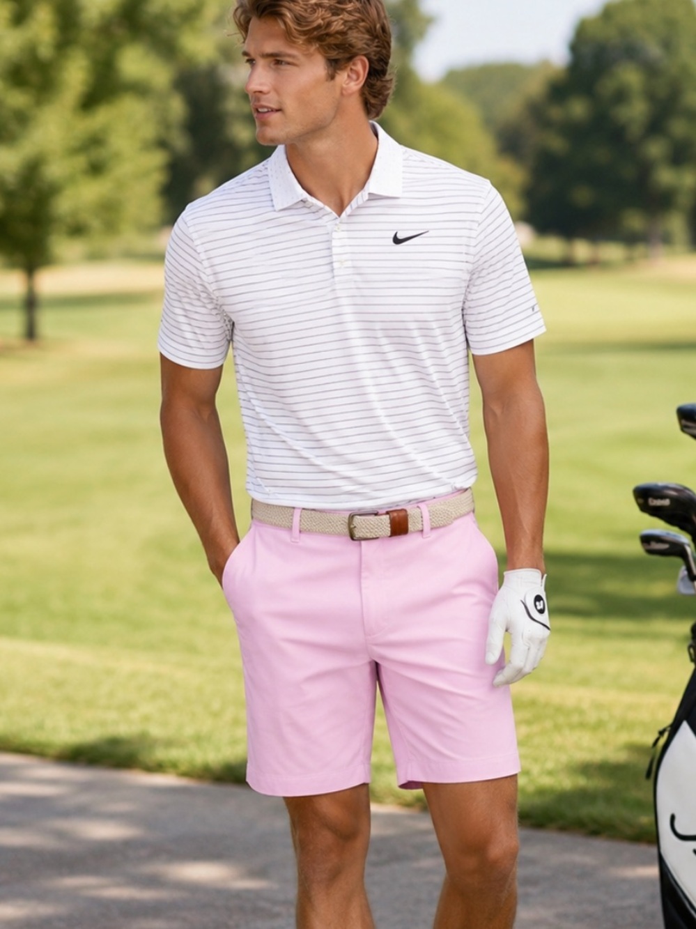Nike Men's Light Pink Flat-Front Golf Shorts